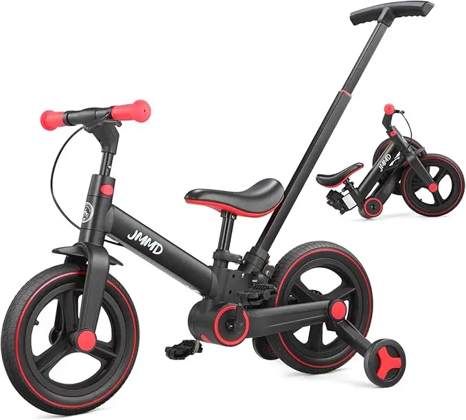 JMMD 6 in 1 Toddler Bike with Push Handle for Kids 18-60 Months, 12″ Foldable Balance Bike with Training Wheels, Pedals, Brakes, Kickstand, Push Tricycle Toddler Gift & Toys for Boy & Girl
